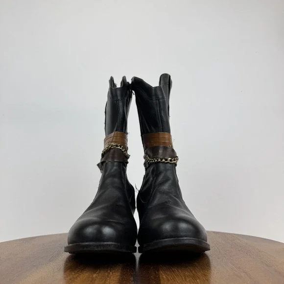 Womens Sandro Moscoloni Robin Belted Black Leather Cowboy Boots Size 7 M GUC - Picture 4 of 9